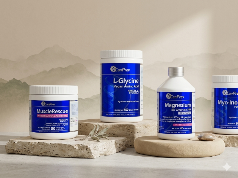 Supplement bottles including L-Glycine, MuscleRescue, and Magnesium on a neutral background