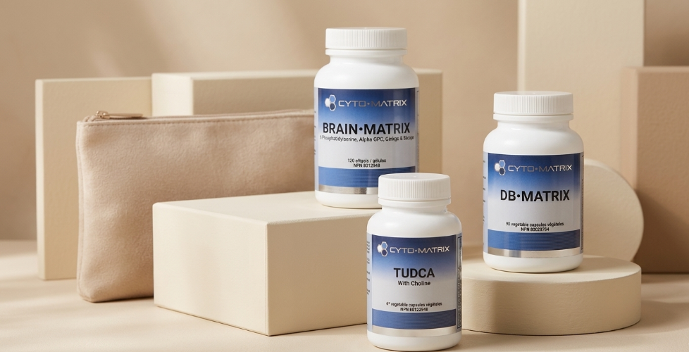 Three bottles of CytoMatrix supplements on a neutral background