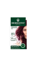 Herbatint FF3 Plum hair color gel packaging with a model featuring purple hair.