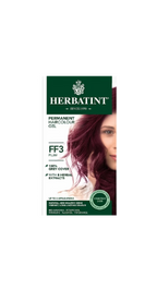 Herbatint FF3 Plum hair color gel packaging with a model featuring purple hair.