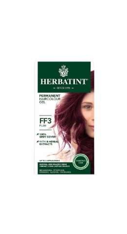 Herbatint FF3 Plum hair color gel packaging with a model featuring purple hair.