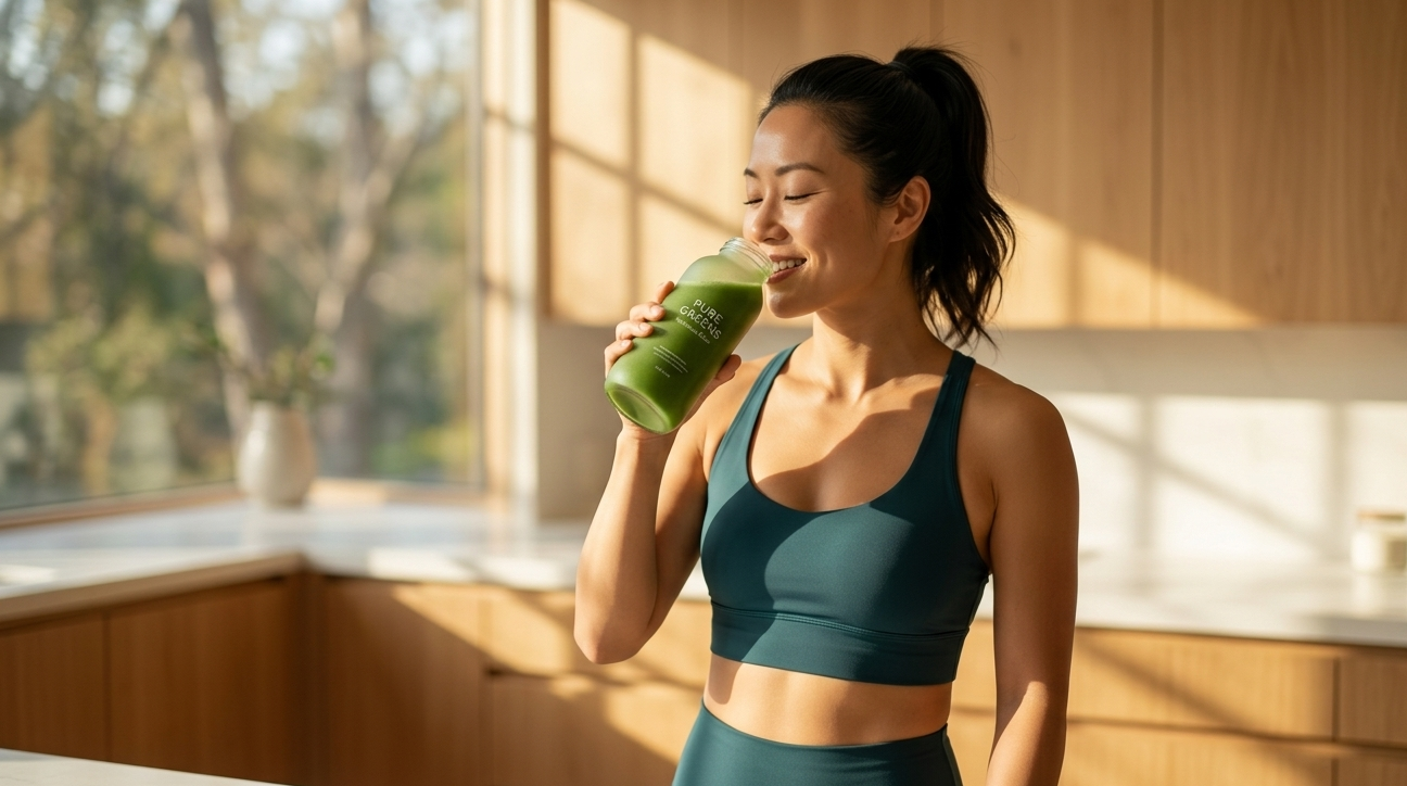 Woman in green athletic wear drinking a green smoothie in a kitchen.