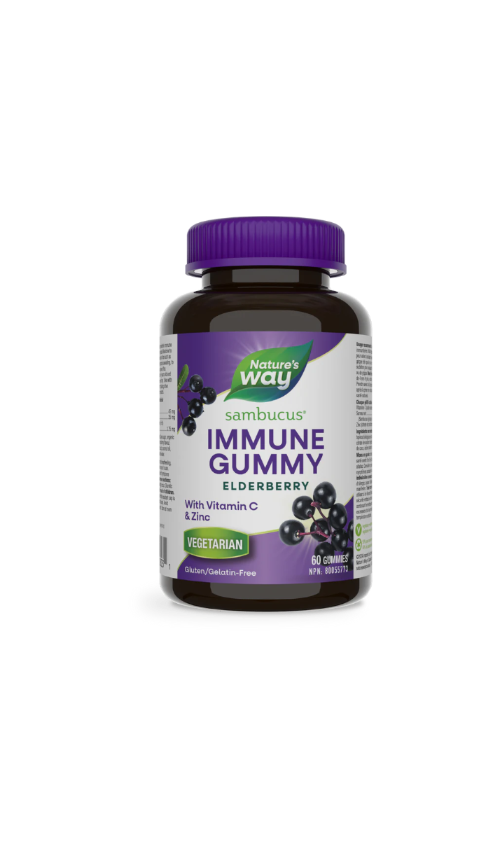 Nature's Way Sambucus Immune Gummy Elderberry supplement bottle with purple cap.