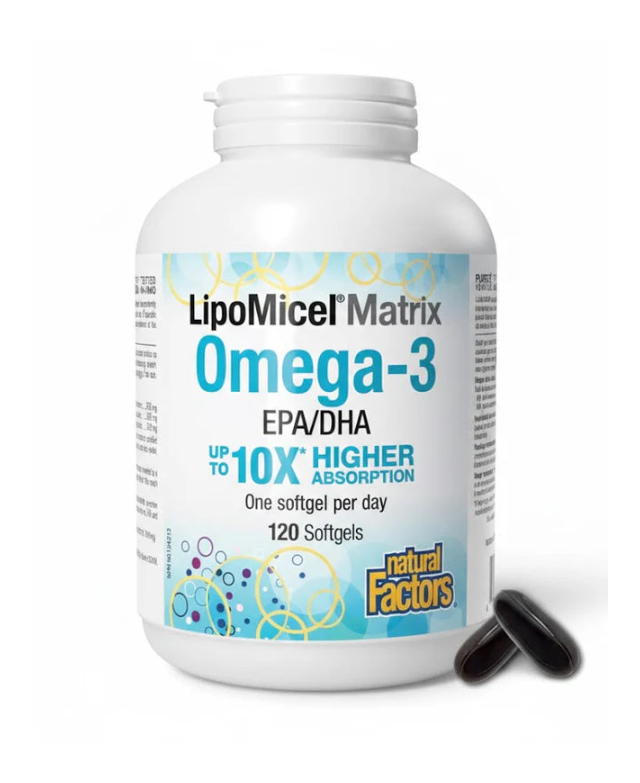 Omega-3 supplement bottle with label on a white background