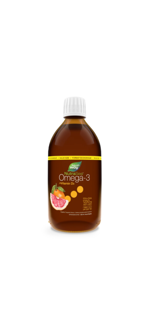 Bottle of Nature's Way NutraSea Omega-3 with Vitamin D3 on a white background