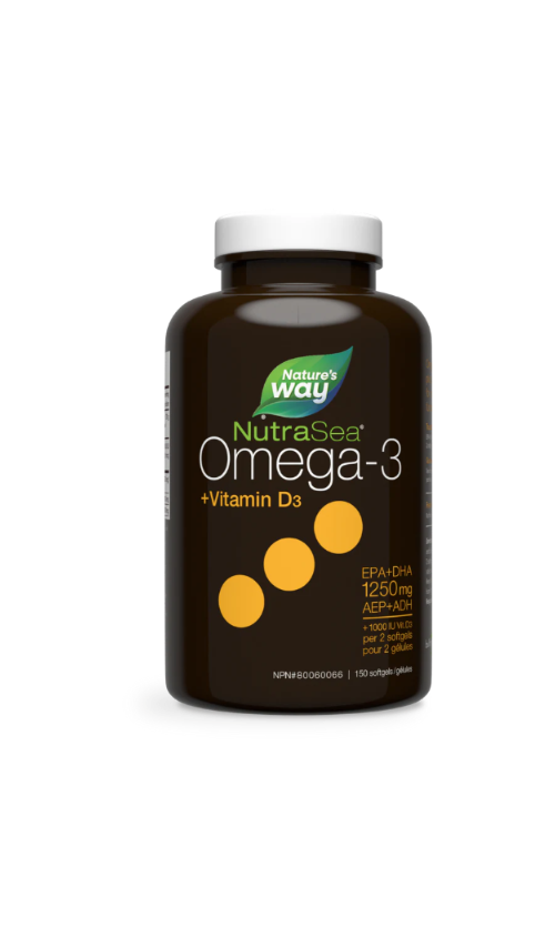 Nature's Way NutraSea Omega-3 + Vitamin D3 supplement bottle on a white background