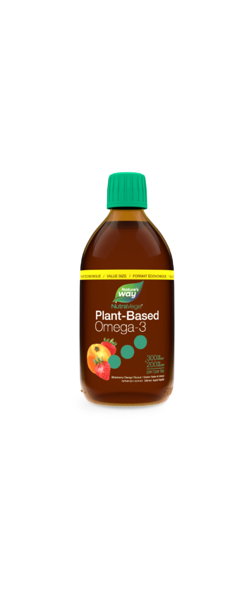 Bottle of Nature's Way Nutravage Plant-Based Omega-3 supplement on a white background