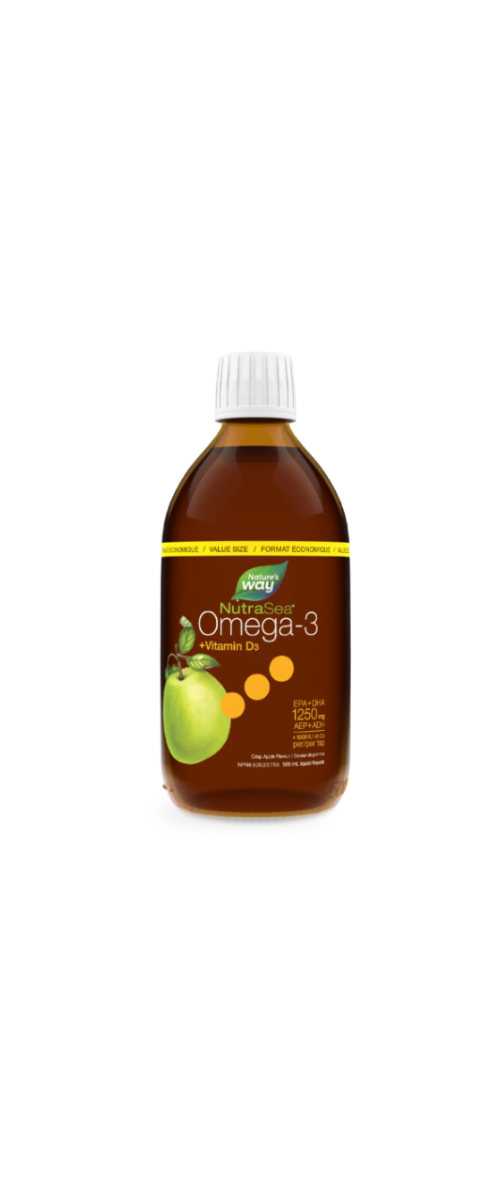 Nature's Way NutraSea Omega-3 + Vitamin D3 bottle on a white background