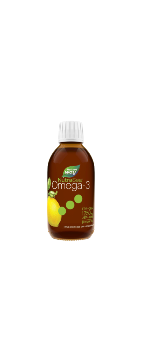 Nature's Way NutraSea Omega-3 supplement bottle with lemon illustration on a white background