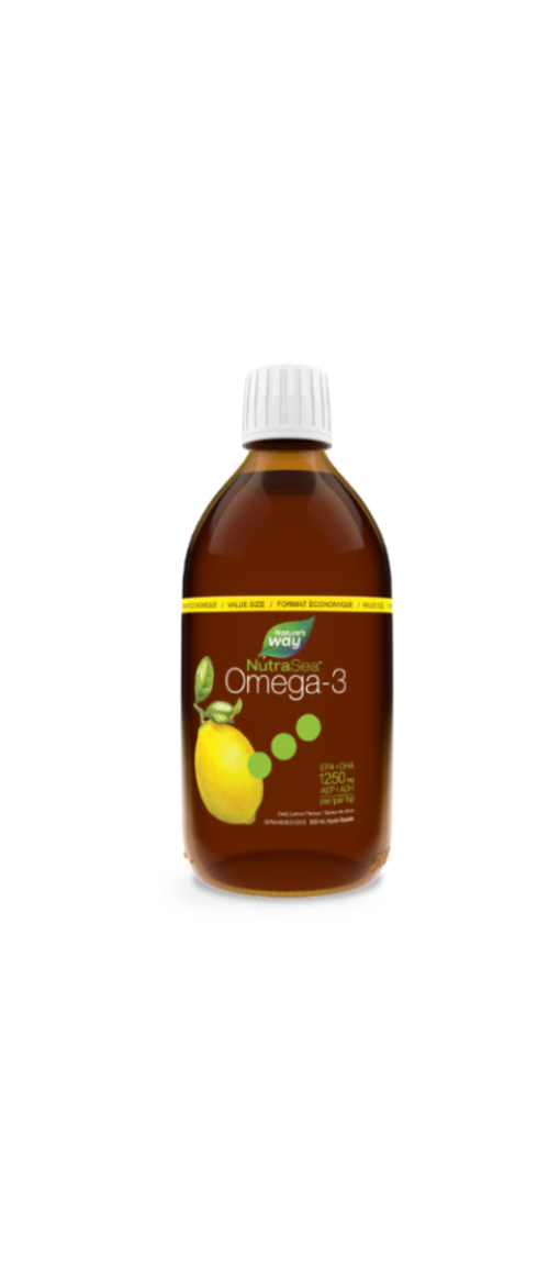 Bottle of Nature's Way NutraSea Omega-3 supplement with a lemon graphic on a white background