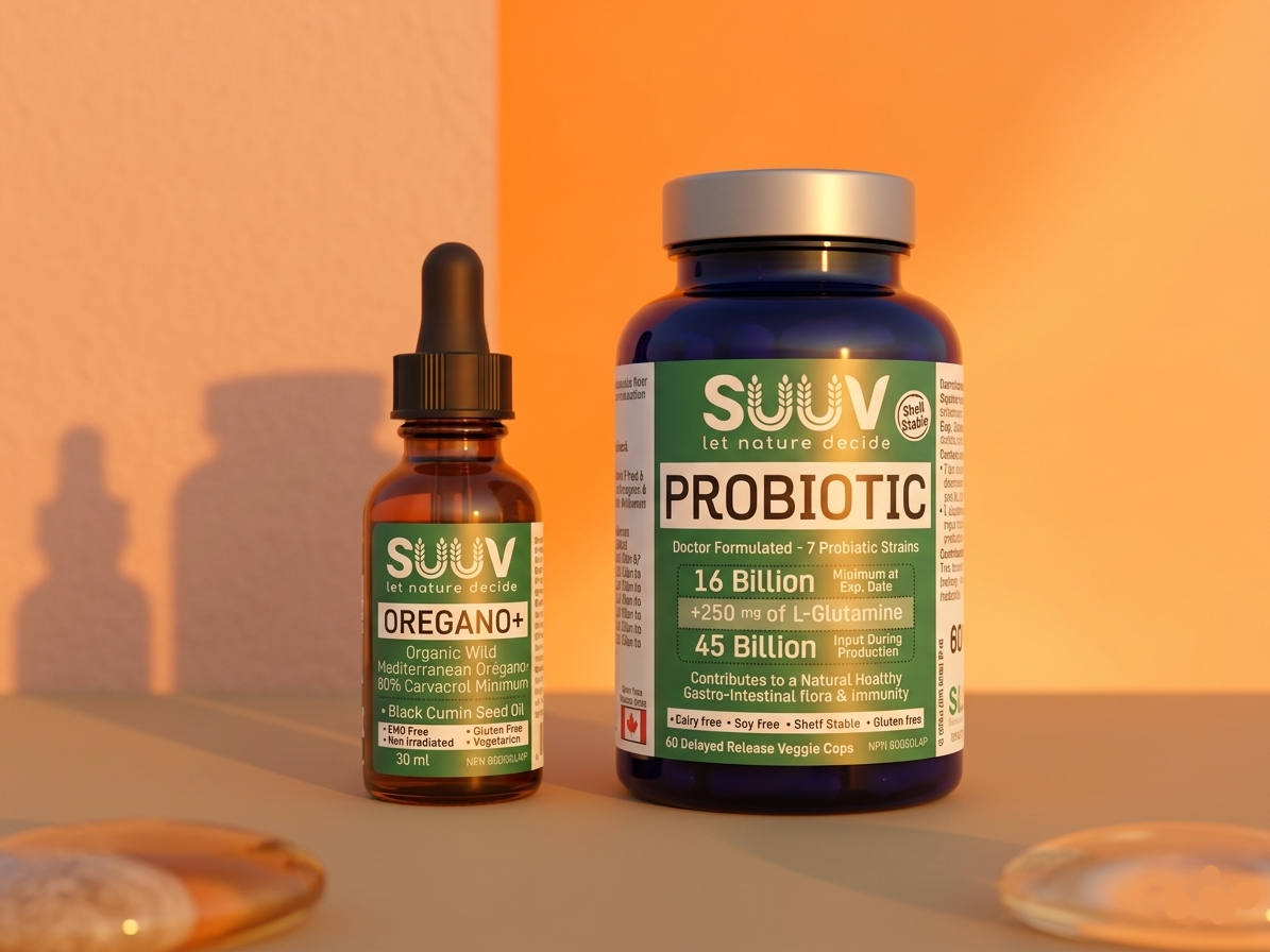 SUUV Probiotic supplement bottle and dropper on an orange background