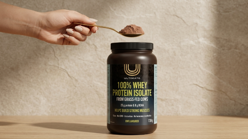 Person scooping protein powder from a container labeled '100% Whey Protein Isolate' with a wooden spoon.