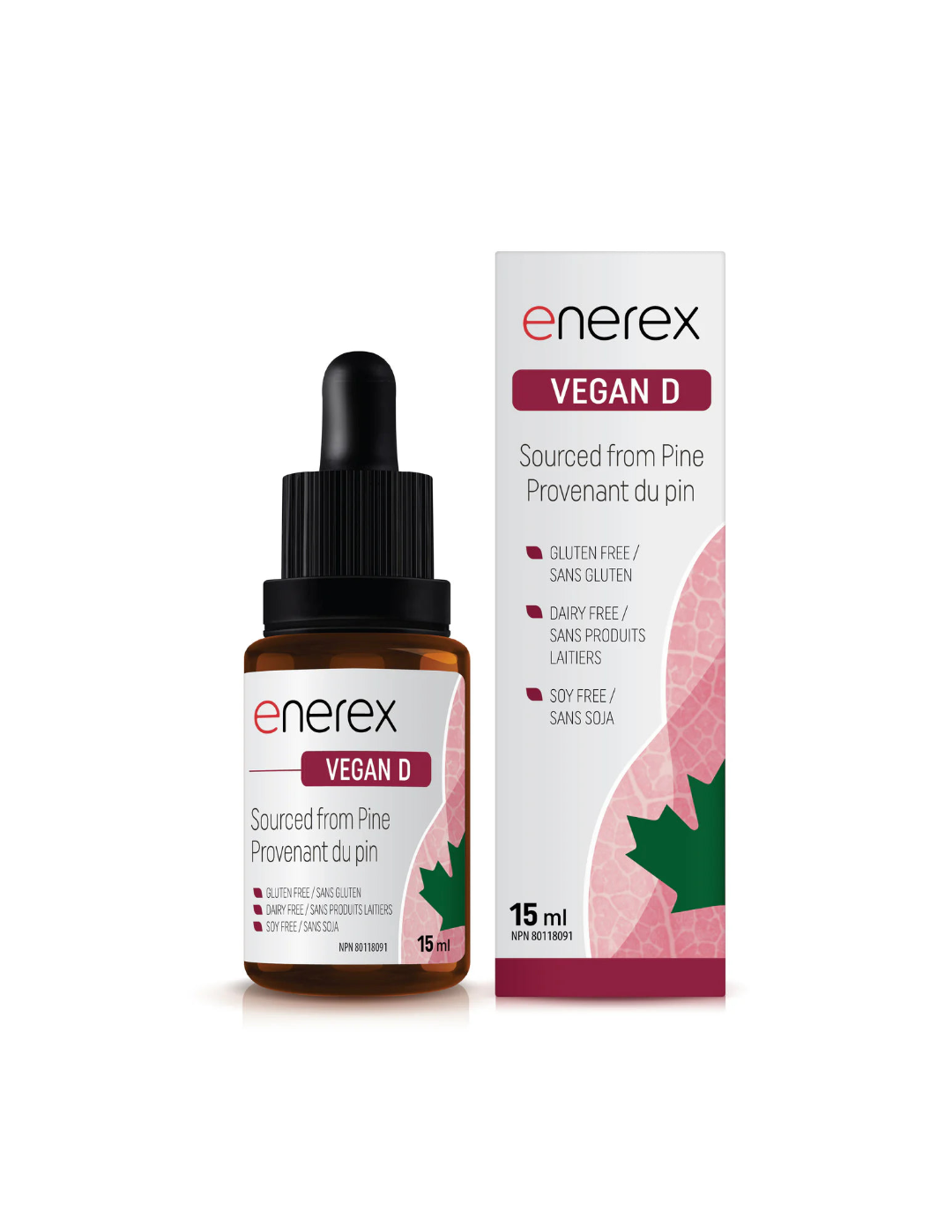 Enerex Vegan D supplement bottle and packaging on a white background