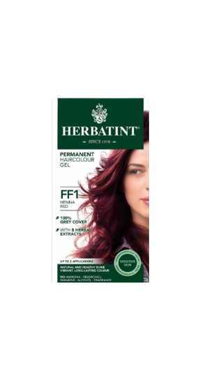 Herbatint hair color gel packaging with a model featuring Henna Red hair color.