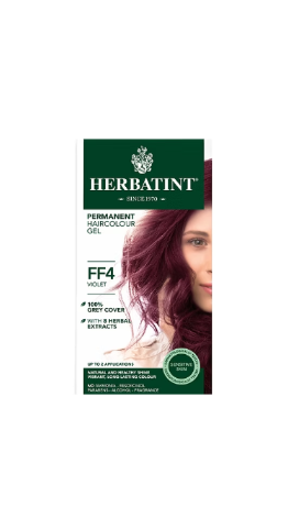 Herbatint FF4 Violet hair color gel packaging with a model featuring purple hair.