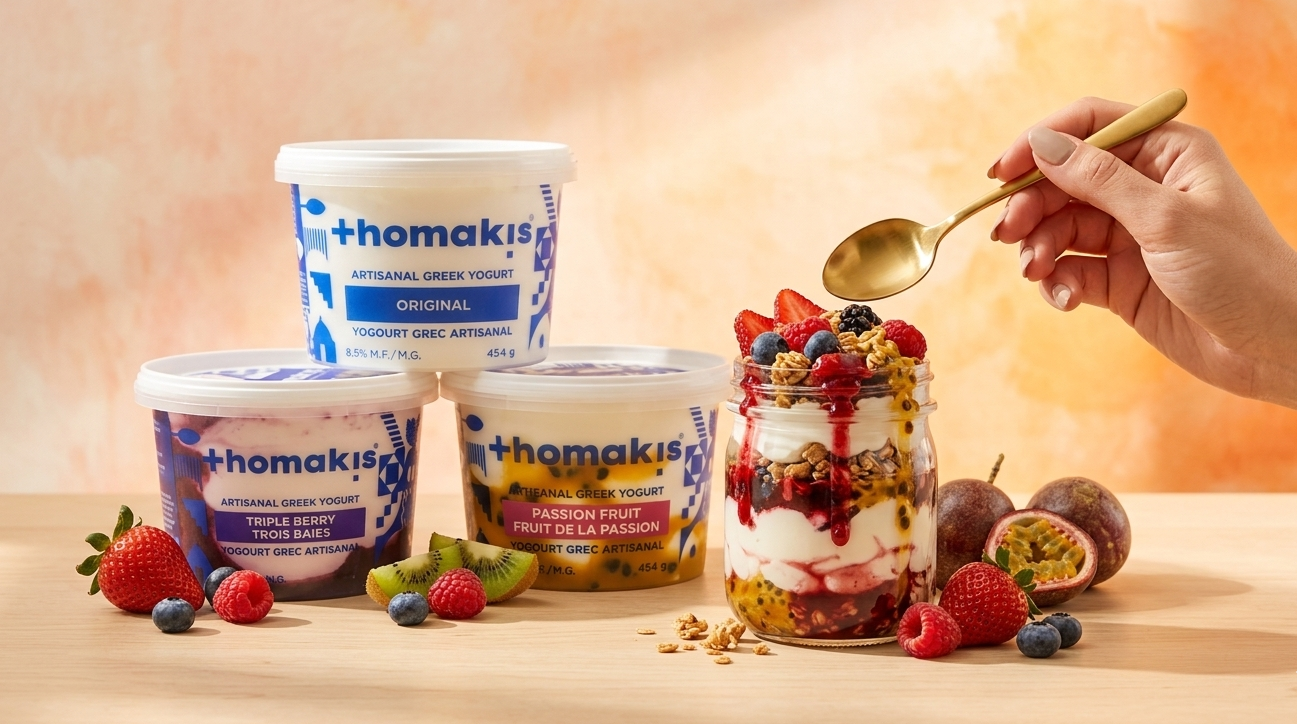 Thomakis yogurt containers with a hand scooping into a parfait on a wooden surface.