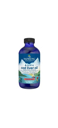 Nordic Naturals Arctic cod liver oil bottle with blue label on a white background